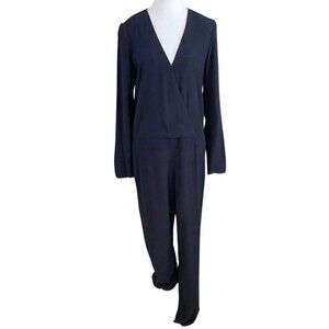 SÉZANE NAVY 100% VISCOSE SLIM FIT SURPLICE JUMPSUIT - 10 (40)